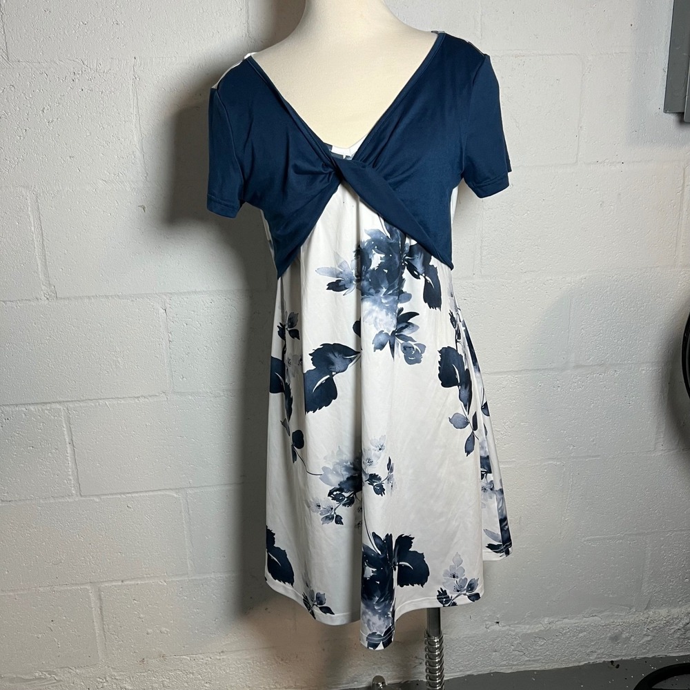 Noracora‎ Womens Dress Twisted Knot Front Floral White Navy Blue Size M